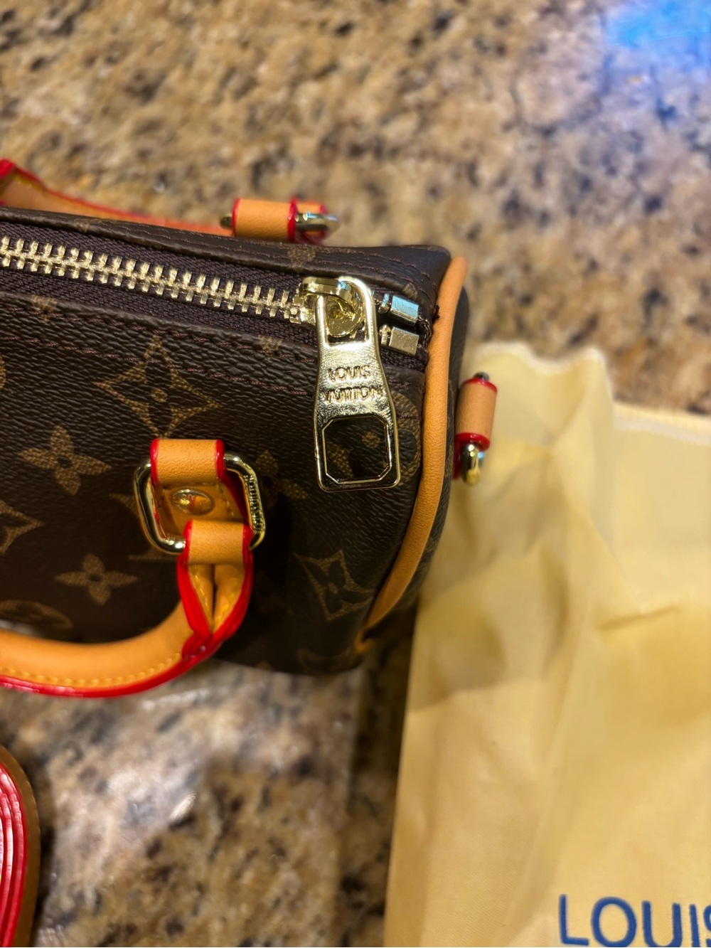 Brown Monogram Satchel with Red-Orange Handles - Picture 4 of 9